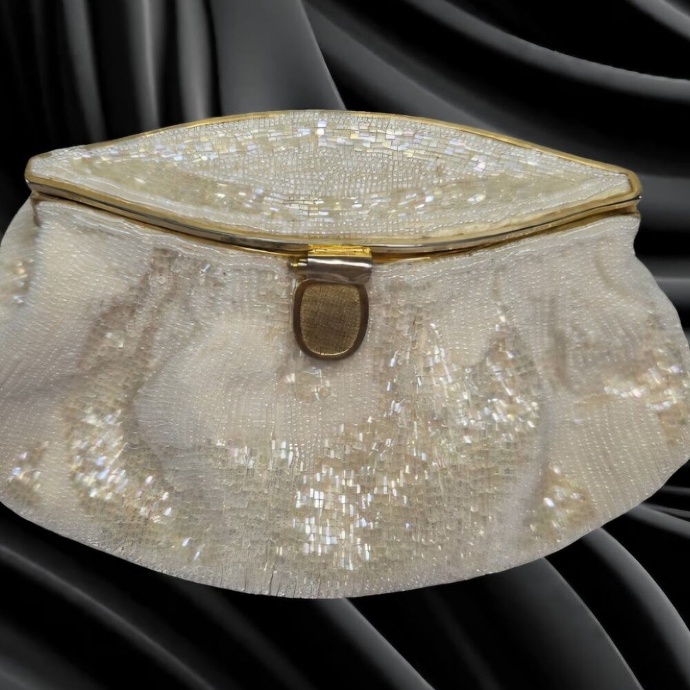 Vintage La Regale Clutch Hand Beaded Ivory & Gold